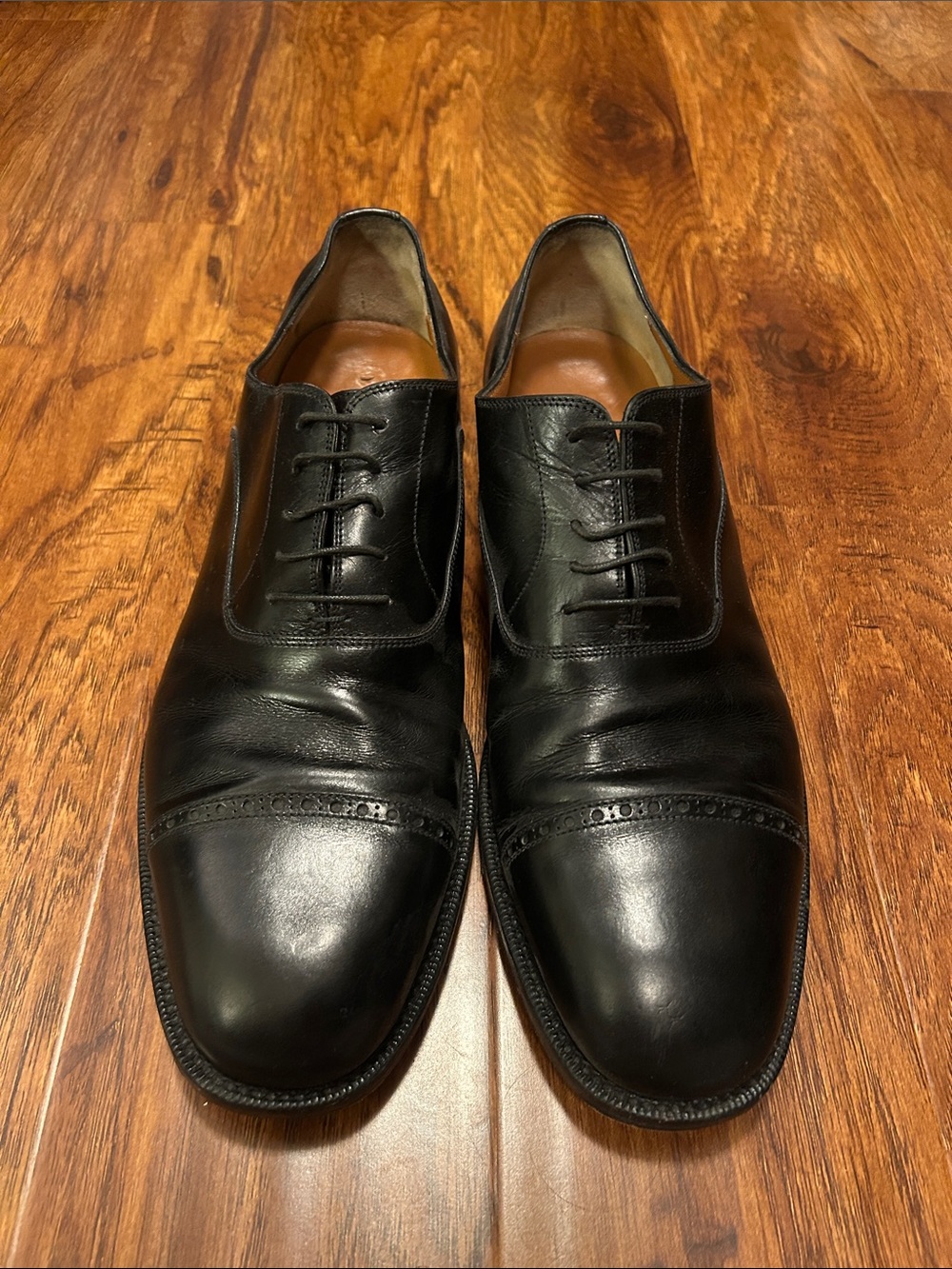 Salvatore Ferragamo Black Leather Cap-Toe Derby Shoes